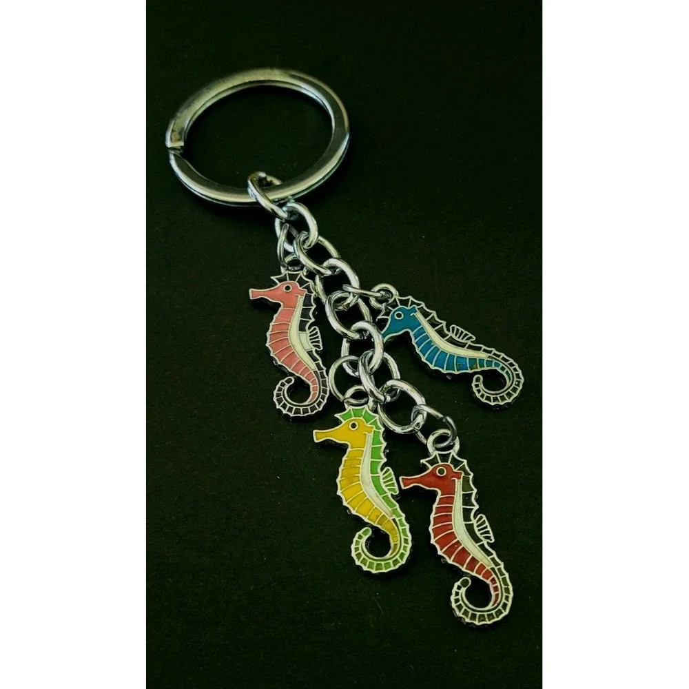 Colorful Enamel Seahorse Charm Keychain Silver Tone Ocean Beach Coastal 4.5in